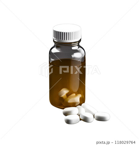 茶色い液体が入った瓶と白い錠剤 118029764