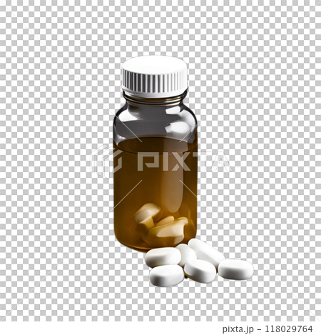 有棕色液體和白色藥片的瓶子 有棕色液體和白色藥片的瓶子 118029764