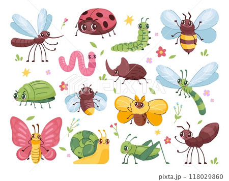 Cartoon insect characters. Children cute bug funny insects mascot, happy beetle garden pest antennae ant bee dragonfly mosquito fly bugs wildlife set, swanky vector illustration Cartoon insect characters. Children cute bug funny insects mascot, happy beetle garden pest antennae ant bee dragonfly mosquito fly bugs wildlife set, swanky vector illustration 118029860