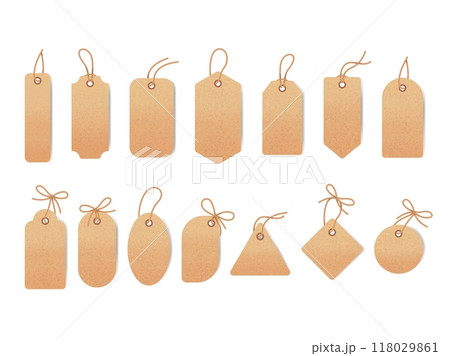 Rope bows tags. Paper cardboard labels with braided ribbon string, bow cord knot sale price blank tag thread hanging gift empty emblem different shape swanky vector illustration 118029861