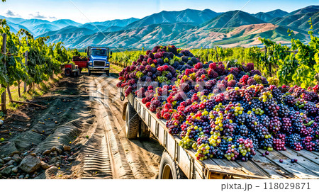 Two men standing on the back of truck loaded with grapes and grapes. AI 118029871