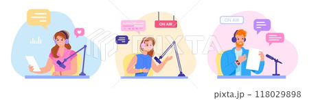 Radio presenters. Broadcast entertainment presenter characters record voice in microphone at broadcasting station media studio man and woman audio speaker vector illustration 118029898