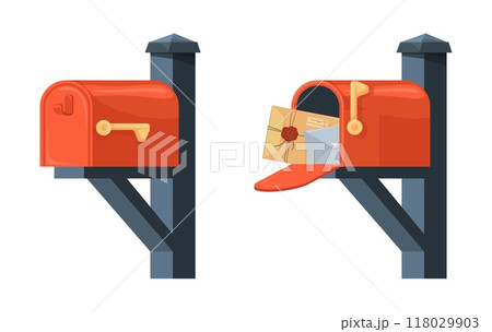 Open closed mailbox. Mail box communication, post service concept send envelope document message or paper letter postal delivery on address, postage cartoon vector illustration 118029903