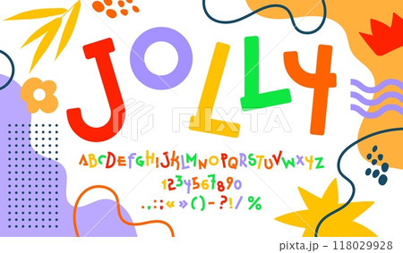 Funny cute font, creative children game type, comic typeface on floral pattern vector background. Funky color english alphabet letters and numbers typography set. Kids cute font, funny abc characters Funny cute font, creative children game type, comic typeface on floral pattern vector background. Funky color english alphabet letters and numbers typography set. Kids cute font, funny abc characters 118029928