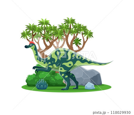 Cartoon dinosaur lizard Hypacrosaurus for prehistoric dino collection, vector character. Funny prehistoric dinosaur Hypacrosaurus on two legs with duckbill in jungle forest, Jurassic or Cretaceous era 118029930