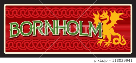 Bornholm island, territory of Denmark, Danish area souvenir plaque. Vector travel plate, vintage sign, retro postcard design. Tourist card with old coat of arms and nordic ornaments Bornholm island, territory of Denmark, Danish area souvenir plaque. Vector travel plate, vintage sign, retro postcard design. Tourist card with old coat of arms and nordic ornaments 118029941