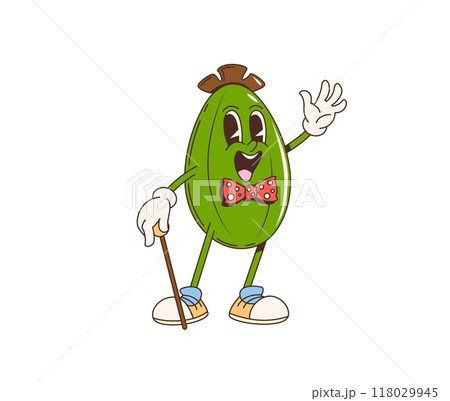 Groovy retro cartoon feijoa fruit gentleman character, vector funky comic art. Cartoon groovy feijoa fruit in retro bowtie with vintage stick cane, funny cute fruit character for funky 70s art emoji 118029945