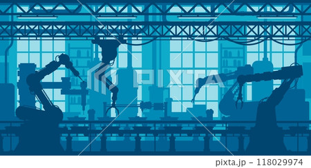 Robot conveyor at machine industry factory, robotic automation technology, vector background. Industrial factory and production line conveyor with robot arms for automated machines manufacture Robot conveyor at machine industry factory, robotic automation technology, vector background. Industrial factory and production line conveyor with robot arms for automated machines manufacture 118029974