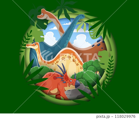 Prehistoric cartoon dinosaurs in paper cut banner of Jurassic park jungle, vector background. Funny dinosaur styracosaurus with brontosaurus, pelorosaurus and deinocherus lizard in papercut forest 118029976
