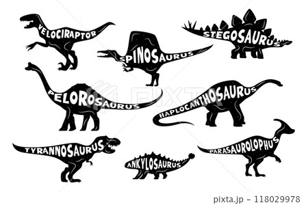 Dinosaurs silhouettes with lettering dino names of Jurassic era lizards, vector icons. Cartoon prehistoric dinosaurs silhouettes with species names lettering for T-rex tyrannosaurus and velociraptor Dinosaurs silhouettes with lettering dino names of Jurassic era lizards, vector icons. Cartoon prehistoric dinosaurs silhouettes with species names lettering for T-rex tyrannosaurus and velociraptor 118029978