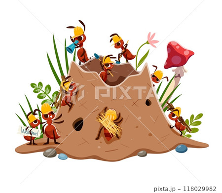 Ant builder characters building anthill with grass and straw twigs, vector cartoon funny insect characters. Ants workers and builders building house home with spades and carrying grass to anthill nest Ant builder characters building anthill with grass and straw twigs, vector cartoon funny insect characters. Ants workers and builders building house home with spades and carrying grass to anthill nest 118029982