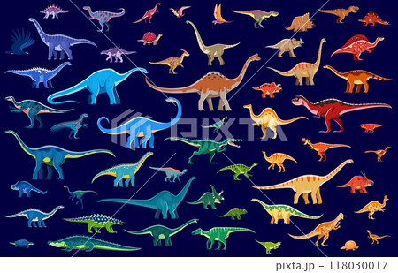 Color prehistoric dinosaurs vector background. Cartoon cute dino animals characters, jurassic dinosaurs and pterosaurs. Funny tyrannosaurus rex, triceratops, brachiosaurus and brontosaurus personages 118030017
