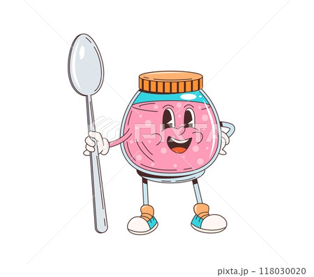 Cartoon retro groovy toast jam character. Isolated vector jolly pink jam jar personage with a gleaming smile, clutching a giant spoon, and dressed in sporty shoes, ready for a fun breakfast adventure Cartoon retro groovy toast jam character. Isolated vector jolly pink jam jar personage with a gleaming smile, clutching a giant spoon, and dressed in sporty shoes, ready for a fun breakfast adventure 118030020