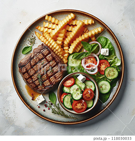 A plate with a grilled steak crinkle-cut fries and a fresh salad with cucumbers tomatoes and feta cheese. 118030033
