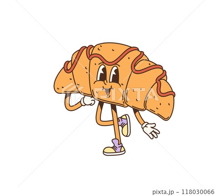 Retro cartoon groovy breakfast croissant character. Isolated vector pastry with caramel topping and vintage flair. Sweet, cute freshly-baked croissant personage embodying nostalgic 70s inspired vibe 118030066