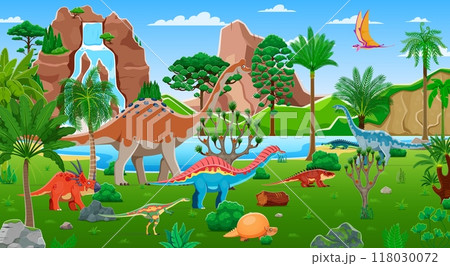 Cartoon prehistoric dinosaurs characters and Jurassic lizards in jungles forest, vector background. Kids dino park or paleontology museum and dinosaurs atlas with funny lizards of prehistoric era 118030072