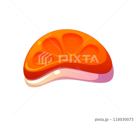 Cartoon Halloween holiday sweets and dessert. Isolated vector vibrant, glossy orange candy or caramel shaped like a citrus fruit slice. Bright appetizing festive trick or treat party toffee confection 118030073