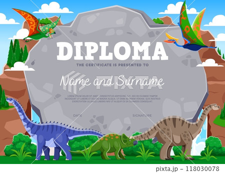 Kids diploma with prehistoric dinosaur characters and funny dino, vector education certificate template. Kids school workshop or kindergarten classes diploma certificate with Jurassic park dinosaurs 118030078