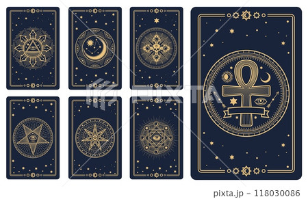 Tarot cards covers with magic esoteric signs and mystic occult symbols, vector reverse decks design. Tarot cards with esoteric magic symbols of sun and stars, Ankh cross and mason pyramid in pentagram 118030086