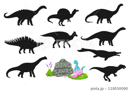Dinosaur silhouettes, vector prehistoric animals with cartoon baby dino in eggshell and volcano rock. Jurassic giant dinosaurs and prehistoric reptiles set. Amygdalodon, lexovisaurus, oxalaia dinos Dinosaur silhouettes, vector prehistoric animals with cartoon baby dino in eggshell and volcano rock. Jurassic giant dinosaurs and prehistoric reptiles set. Amygdalodon, lexovisaurus, oxalaia dinos 118030090