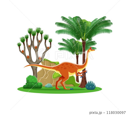 Cartoon prehistoric dinosaur character, Pelecanimimus in jungle forest, vector Jurassic park toy. Prehistoric dinosaur character of Pelecanimimus dino for prehistory lizards and reptiles collection Cartoon prehistoric dinosaur character, Pelecanimimus in jungle forest, vector Jurassic park toy. Prehistoric dinosaur character of Pelecanimimus dino for prehistory lizards and reptiles collection 118030097