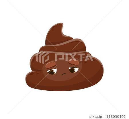 Cartoon poop emoji and poo emoticon with sad face expression, vector character. Cartoon poop with upset unhappy dull face for smile emoji or emoticon sticker of comic toilet excrement or cute poo 118030102