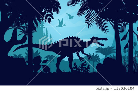 Spinosaurus dinosaur silhouette in mist jungle at night, prehistoric forest nature landscape vector background. Spinosaurus dinosaur, dimorphodon and tapejara dino animals, tree and plant silhouettes 118030104