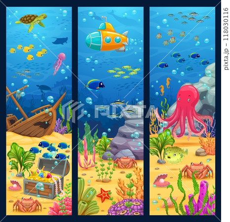 Underwater landscape banners with ocean, sea and aquarium under water world. Vector game level background with fish school, marine animals, sunken ship, submarine and treasure chest on sand bottom 118030116