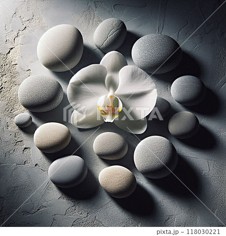 A white orchid on smooth stones with a gray background creating a serene and balanced atmosphere. 118030221