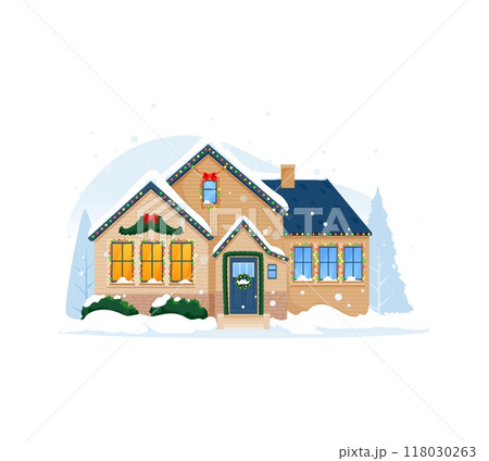 Cartoon Christmas winter home building facade with snowy roof. Winter holiday town cottage snowy isolated vector facade, Xmas festive house exterior or Christmas village home outdoor scene 118030263