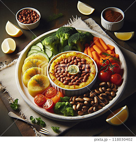 A plate featuring beans, potatoes, broccoli, carrots, lemon, and tomatoes on a rustic wooden table. 118030402