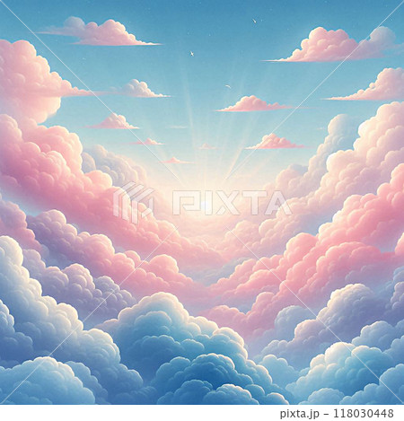 A serene sky filled with soft pink clouds illuminated by the gentle rays of a setting sun, creating a tranquil and picturesque scene. 118030448