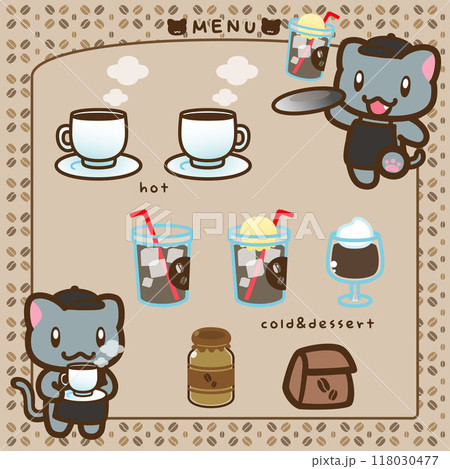 シンプルなコーヒーの飲み物&デザートメニューとカフェ猫店員さん付き シンプルなコーヒーの飲み物&デザートメニューとカフェ猫店員さん付き 118030477