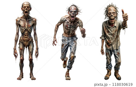 Scary zombie with blood and wound on his body crawling isolated over white background 118030619