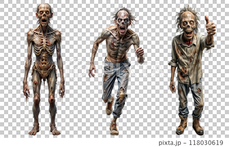 Scary zombie with blood and wound on his body crawling isolated over white background 118030619