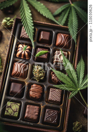 Box of Assorted Cannabis-Infused Chocolates with Cannabis Leaves and Buds Box of Assorted Cannabis-Infused Chocolates with Cannabis Leaves and Buds 118030626