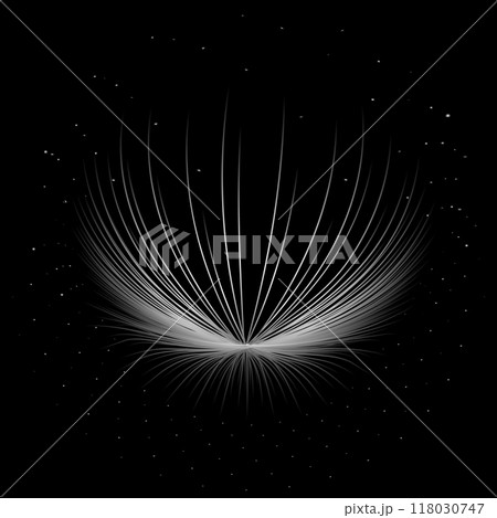 Geometric lines in circle or round shape. Stylized sun or fireworks. Rays radiating from a central object or source of light. White lights on black background 118030747