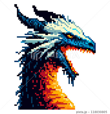 Pixel art dragon head: a majestic creature with bright blue and white scales, a fiery orange neck on a white background. 118030805
