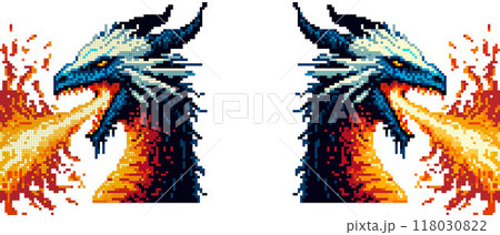 A pixel art dragon with sharp horns and scales emits vibrant flames from its open maw against a plain background. 118030822
