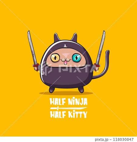 Half ninja half kitty character with black super hero ninja mask isolated on orange background. super ninja kawaii cat character with sword for printing on t shirt or sticker Half ninja half kitty character with black super hero ninja mask isolated on orange background. super ninja kawaii cat character with sword for printing on t shirt or sticker 118030847