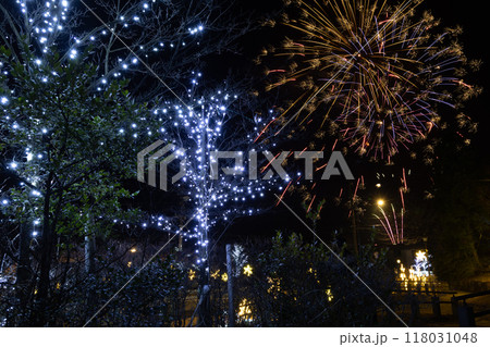 冬のイルミネーションと打ち上げ花火の夜景背景素材 冬のイルミネーションと打ち上げ花火の夜景背景素材 118031048