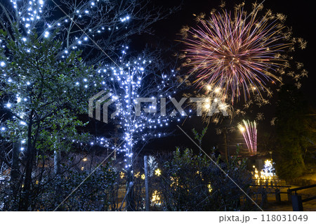 冬のイルミネーションと打ち上げ花火の夜景背景素材 冬のイルミネーションと打ち上げ花火の夜景背景素材 118031049