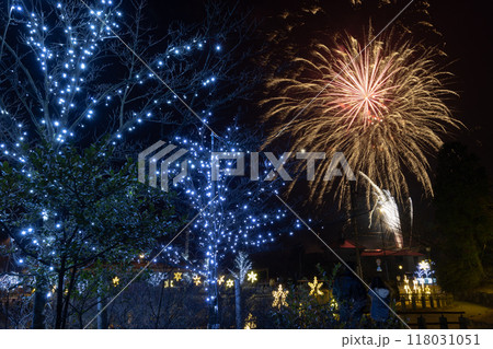 冬のイルミネーションと打ち上げ花火の夜景背景素材 冬のイルミネーションと打ち上げ花火の夜景背景素材 118031051