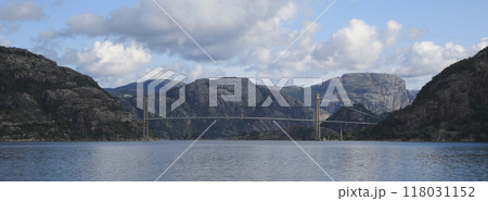 Lysefjord Bridge and mountain landscape, Rogaland, Norway. 118031152