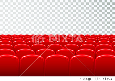 Rows of red cinema or theater seats in front of transparent background. Vector. 118031393
