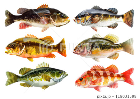 Six detailed illustrations of various North American bass species, showcasing their vibrant colors and unique patterns. Food. Fish. 118031399