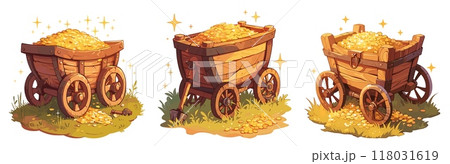 wooden cart with gold. coins in old trolley, handcart treasure precious wealth money wheel vintage vector illustration set wooden cart with gold. coins in old trolley, handcart treasure precious wealth money wheel vintage vector illustration set 118031619