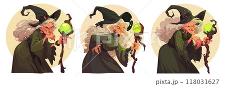 witch. Woman sorceress, old hag evil fairy tale magic hat staff green vector illustration 118031627
