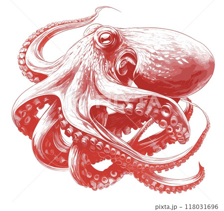 octopus. marine invertebrate animal, tentacles tattoo engraving linocut red monochrome drawing vector illustration octopus. marine invertebrate animal, tentacles tattoo engraving linocut red monochrome drawing vector illustration 118031696