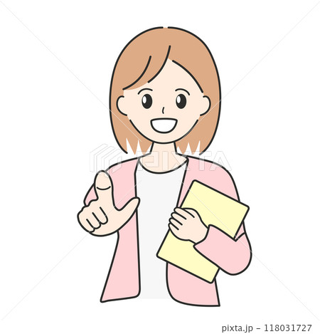 正面を指差す若い日本人女性のイラスト 118031727